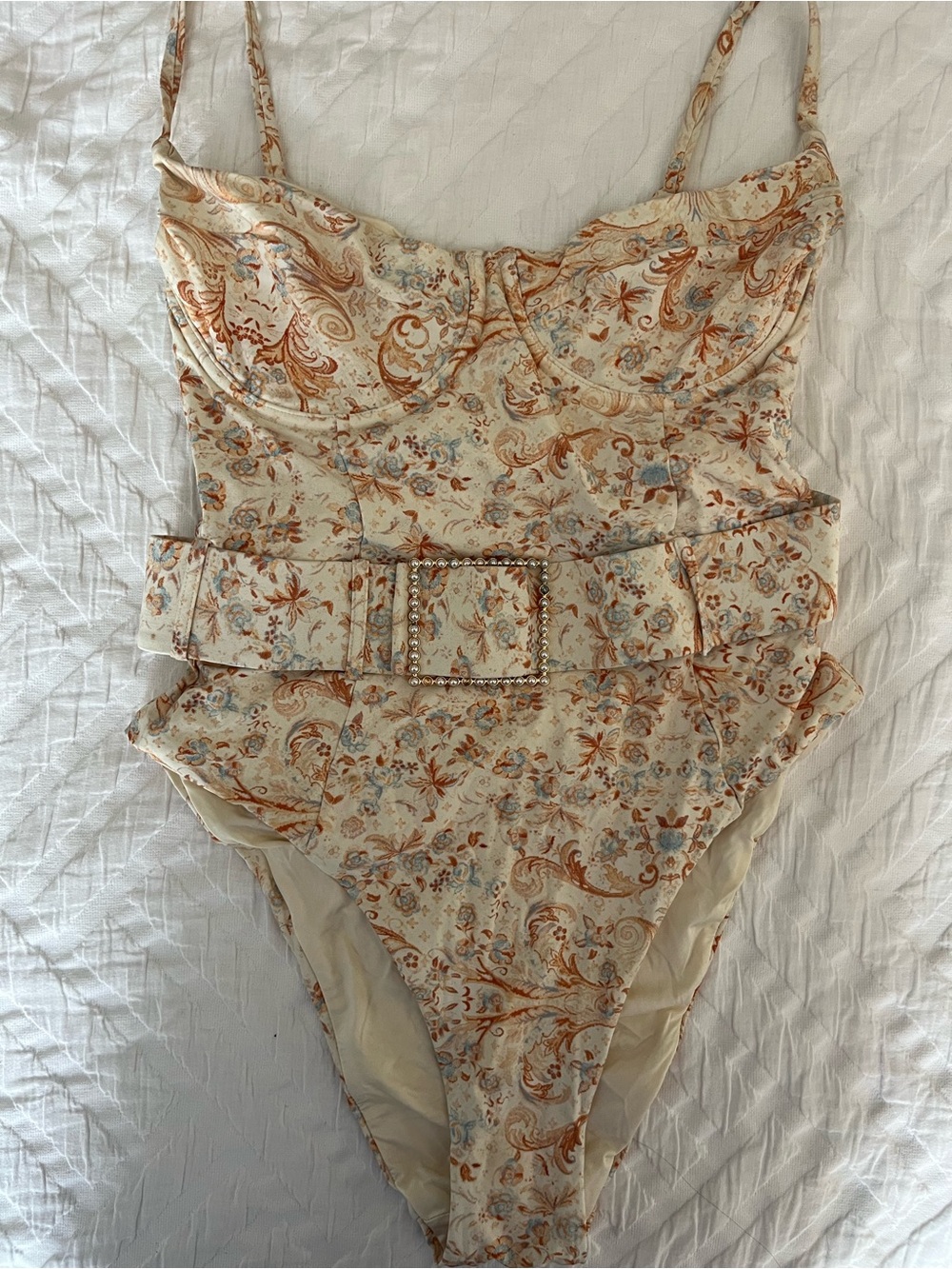 WeWoreWhat Cream and Rust Floral One-Piece with Decorative Belt